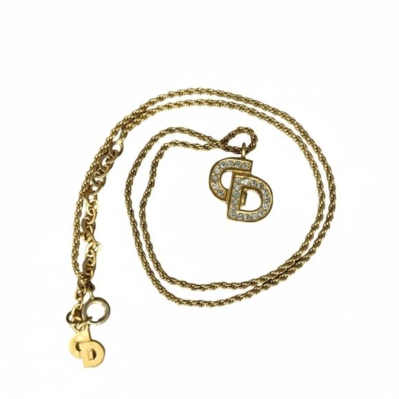 Christian Dior CD Logo Crystal Necklace Gold Tone Vintage Y2K - Picture 3 of 9